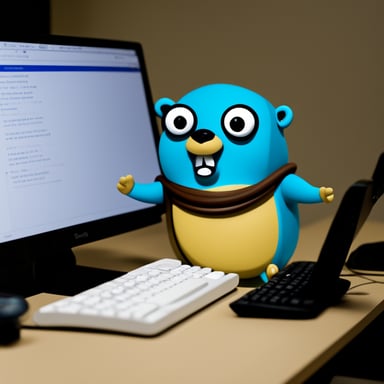 Go blue gopher stressed and typing on a computer keyboard.