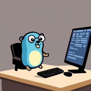 Go blue gopher stressed and typing on a computer keyboard.