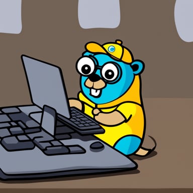 Go blue gopher stressed and typing on a computer keyboard.