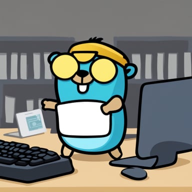 Go blue gopher stressed and typing on a computer keyboard.