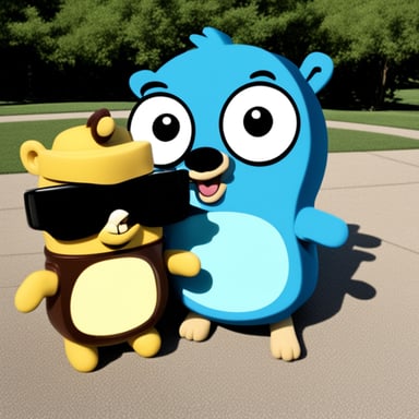 Vintage is holding Rosetta alongside Go Blue Gopher.