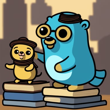 Vintage is holding Rosetta alongside Go Blue Gopher.