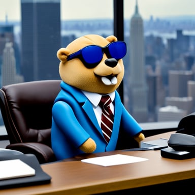 Go blue gopher, dressed in a suit, sits in an office overlooking the New York City skyline.