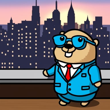 Go blue gopher, dressed in a suit, sits in an office overlooking the New York City skyline.