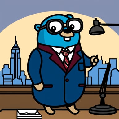 Go blue gopher, dressed in a suit, sits in an office overlooking the New York City skyline.