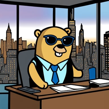 Go blue gopher, dressed in a suit, sits in an office overlooking the New York City skyline.