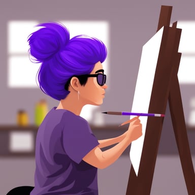 Go blue gopher artist doing a painting with purple highlights in their hair.
