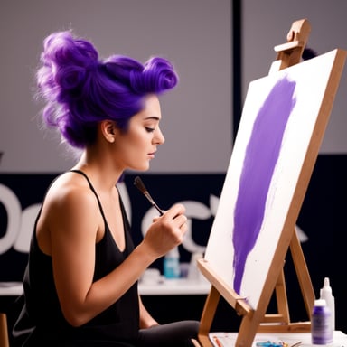Go blue gopher artist doing a painting with purple highlights in their hair.