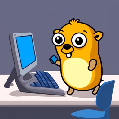 Go blue gopher is typing on a keyboard.