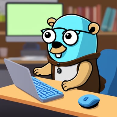 Go blue gopher is typing on a keyboard.