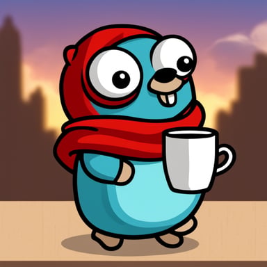 Go blue gopher is wearing a red hoodie and holding a coffee mug.
