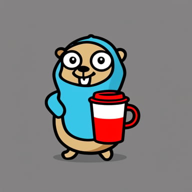 Go blue gopher is wearing a red hoodie and holding a coffee mug.