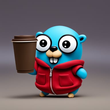 Go blue gopher is wearing a red hoodie and holding a coffee mug.