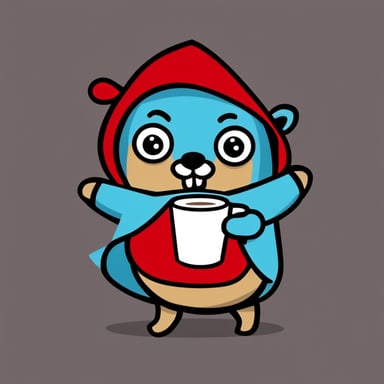 Go blue gopher is wearing a red hoodie and holding a coffee mug.