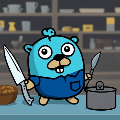 Go Blue Gopher with a knife logo on his shirt.