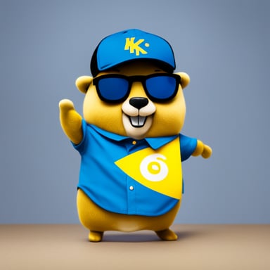 Go Blue Gopher wearing a shirt with a large knime.com logo is happy.