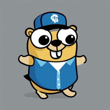 Go Blue Gopher wearing a shirt with a large knime.com logo is happy.