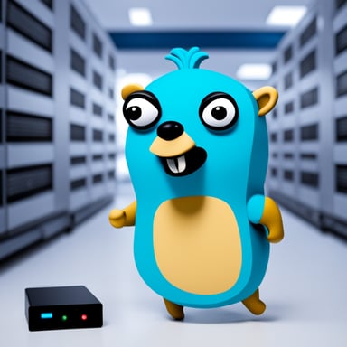 Go Blue Gopher standing next to a server and turning knobs on it.