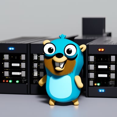 Go Blue Gopher standing next to a server and turning knobs on it.