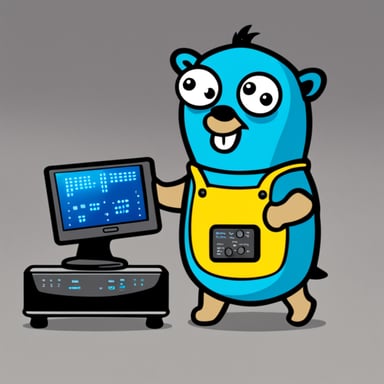 Go Blue Gopher standing next to a server and turning knobs on it.