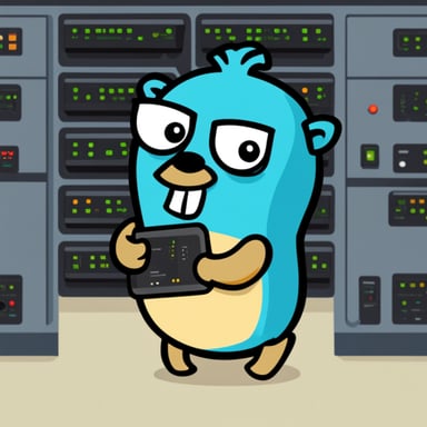 Go Blue Gopher standing next to a server and turning knobs on it.