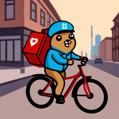 Go Blue Gopher wearing a Delivery Hero uniform riding a bicycle to deliver food to customers in Berlin.