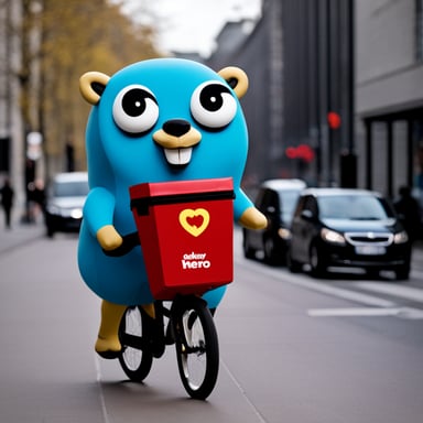 Go Blue Gopher wearing a Delivery Hero uniform riding a bicycle to deliver food to customers in Berlin.