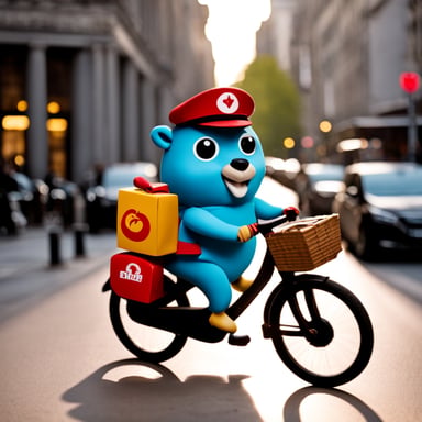 Go Blue Gopher wearing a Delivery Hero uniform riding a bicycle to deliver food to customers in Berlin.