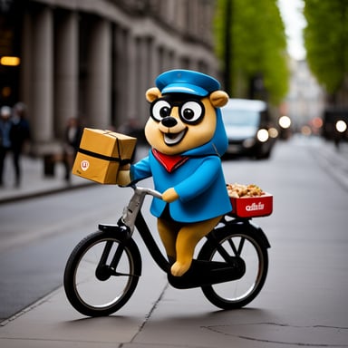 Go Blue Gopher wearing a Delivery Hero uniform riding a bicycle to deliver food to customers in Berlin.