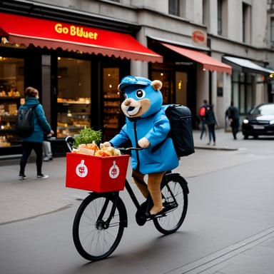 Go Blue Gopher, dressed in a Delivery Hero uniform, delivers food to customers in Berlin while riding a bicycle.