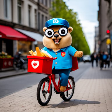 Go Blue Gopher, dressed in a Delivery Hero uniform, delivers food to customers in Berlin while riding a bicycle.