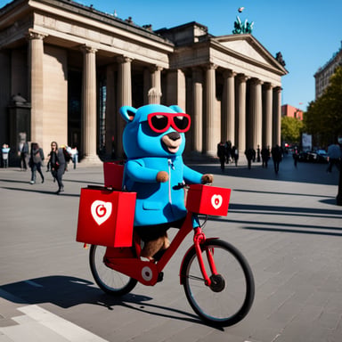 Go Blue Gopher, dressed in a Delivery Hero uniform, delivers food to customers in Berlin while riding a bicycle.