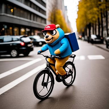 Go Blue Gopher, dressed in a Delivery Hero uniform, delivers food to customers in Berlin while riding a bicycle.