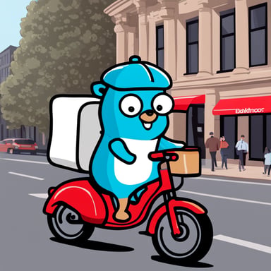 Go Blue Gopher, dressed in a red-white Delivery Hero uniform, delivers food to customers in Berlin while riding a bicycle and listening to techno.