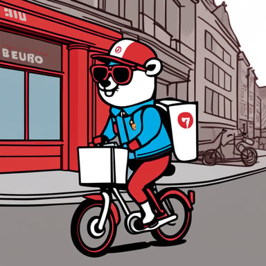 Go Blue Gopher, dressed in a red-white Delivery Hero uniform, delivers food to customers in Berlin while riding a bicycle and listening to techno.