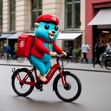 Go Blue Gopher, dressed in a red-white Delivery Hero uniform, delivers food to customers in Berlin while riding a bicycle and listening to techno.