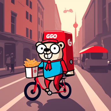 Go Blue Gopher, dressed in a red-white Delivery Hero uniform, delivers food to customers in Berlin while riding a bicycle and listening to techno.