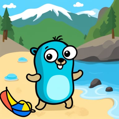 Go Blue Gopher on the beach with the sea and mountains.