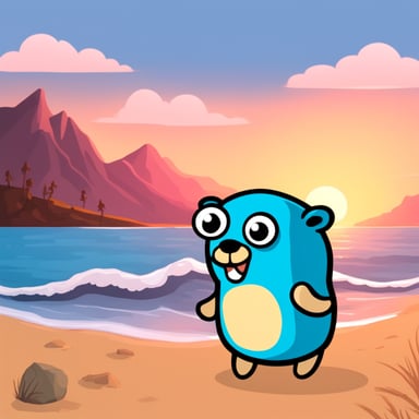 Go Blue Gopher on the beach with the sea and mountains.