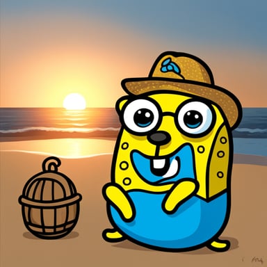 Go Blue Gopher as SpongeBob sitting on the beach.