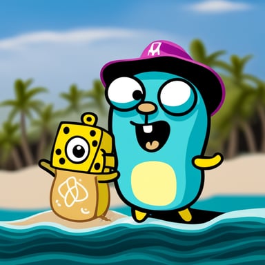 Go Blue Gopher as SpongeBob sitting on the beach.