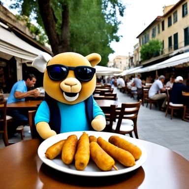 Go Blue Gopher in Thessaloniki, Greece, eating a souvlaki.