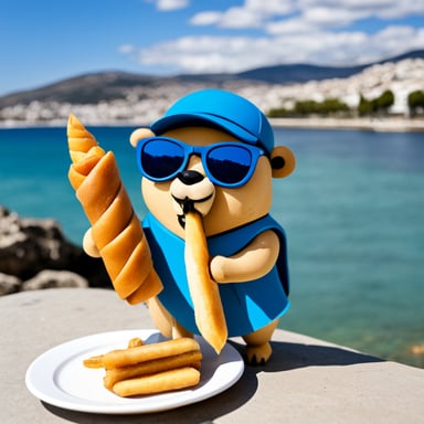 Go Blue Gopher in Thessaloniki, Greece, eating a souvlaki.