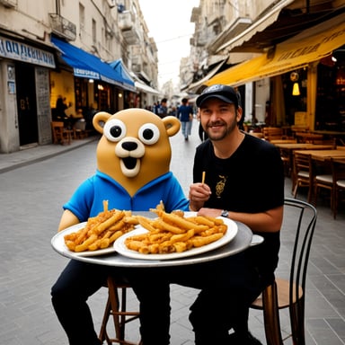 Go Blue Gopher in Thessaloniki, Greece, eating a souvlaki.