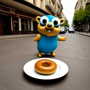 Go Blue Gopher in Thessaloniki, Greece, eating a koulouri Thessalonikis.