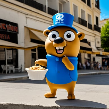 Go Blue Gopher in Thessaloniki, Greece, eating a koulouri Thessalonikis.