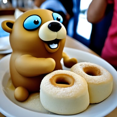 Go Blue Gopher in Thessaloniki, Greece, eating a koulouri Thessalonikis.