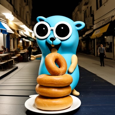 Go Blue Gopher in Thessaloniki, Greece, eating a koulouri Thessalonikis.