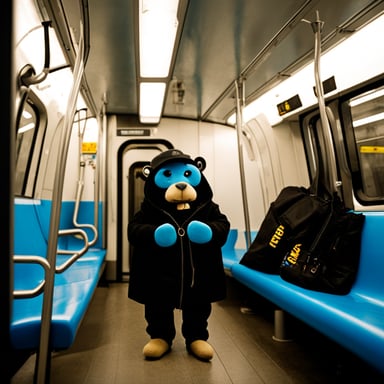 Go Blue Gopher wearing black clothes depressed in the U-Bahn in Berlin.