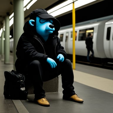 Go Blue Gopher wearing black clothes depressed in the U-Bahn in Berlin.